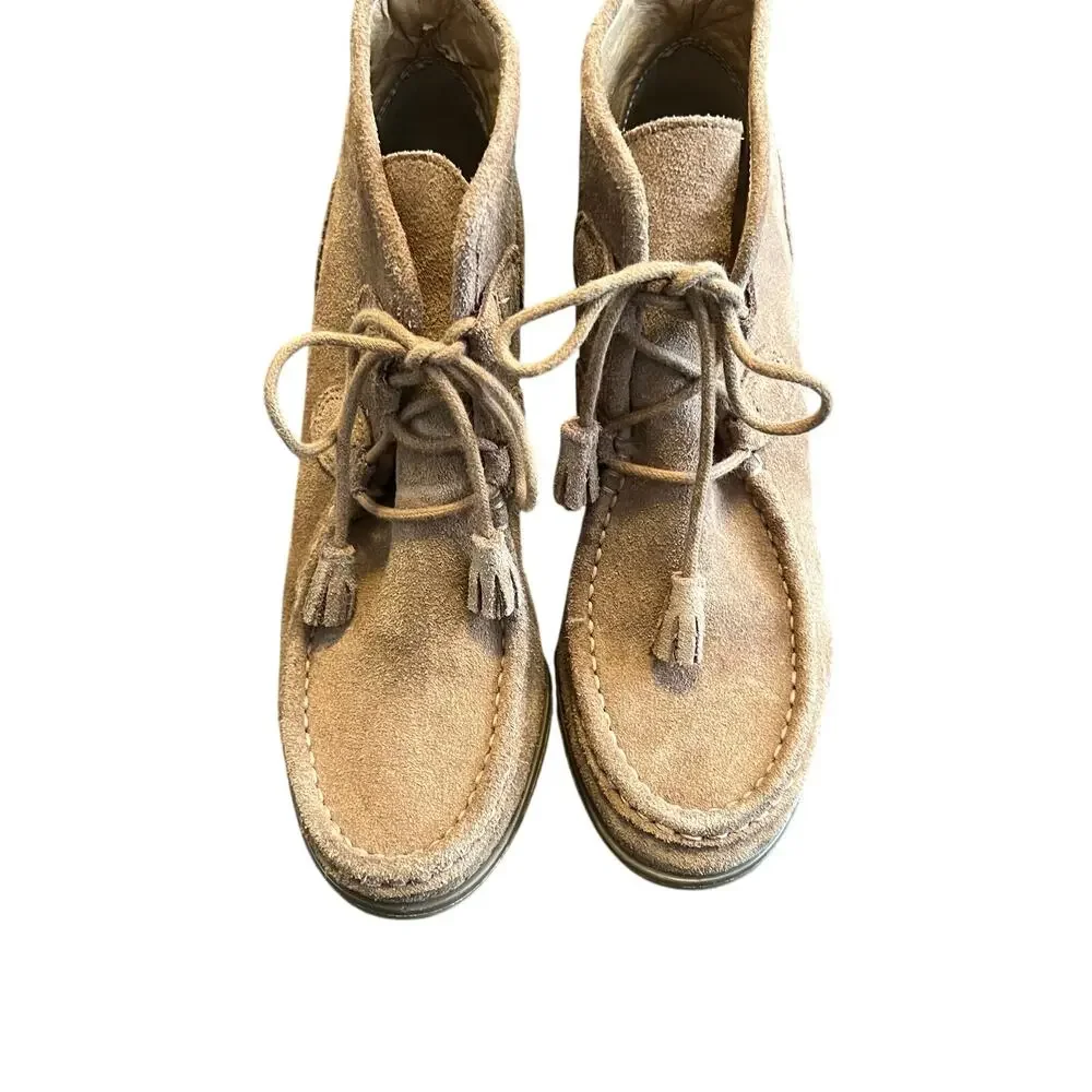 Lucky Brand Booties  LP Yaney Leather Suede Ankle Wedge Size 7.5M Camel Retro